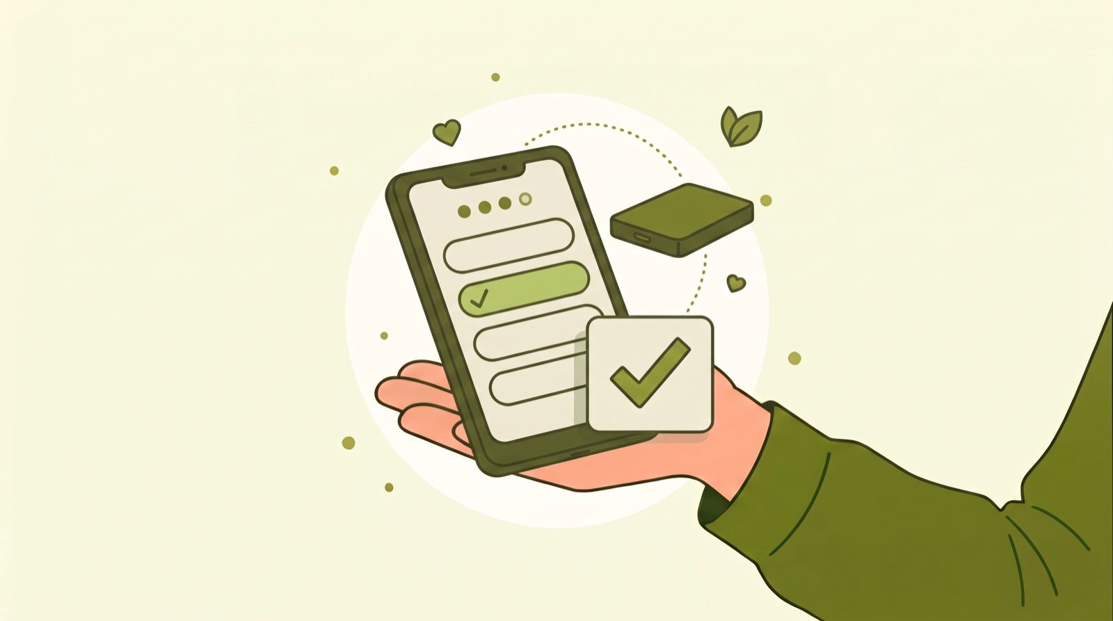 Illustration: A hand holds a phone with a few answer buttons, one ticked in green, a hard drive beside it – describe your case in 2 minutes, data recovery in Stuttgart