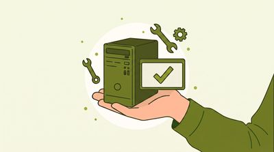 Illustration: Eine Hand trägt einen Rechner mit grünem Haken, daneben Werkzeug – PC-Service in Stuttgart