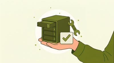 Illustration: a hand carrying a NAS with four hard drive bays and a green check mark – RAID and NAS data recovery in Stuttgart
