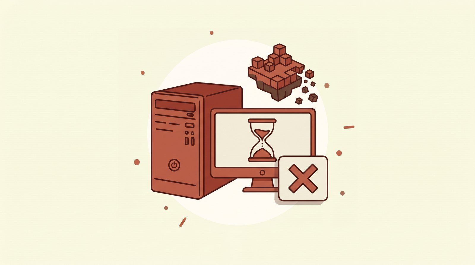 Illustration: PC and monitor in red, an hourglass on the screen, above it a world of blocks crumbling, a red cross in front – the website is down, the data is at risk