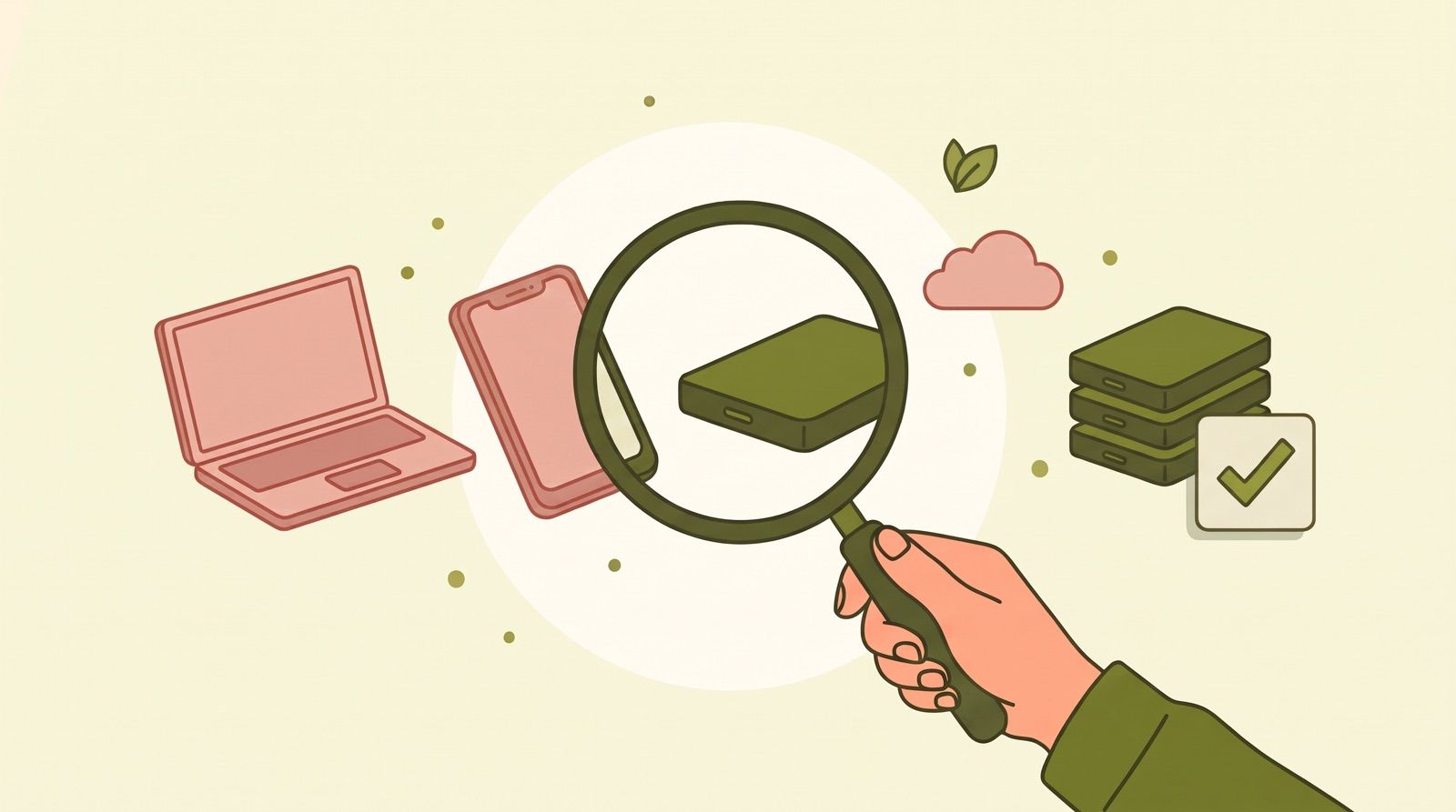 Illustration: A hand holds a magnifying glass over a laptop, phone and hard drive – pale red and unchecked on the left, turning green under the lens, a green stack of backups with a checkmark on the right