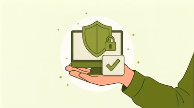 Illustration: a hand carrying a monitor with a green shield, lock and check mark – trojan and virus removal in Stuttgart