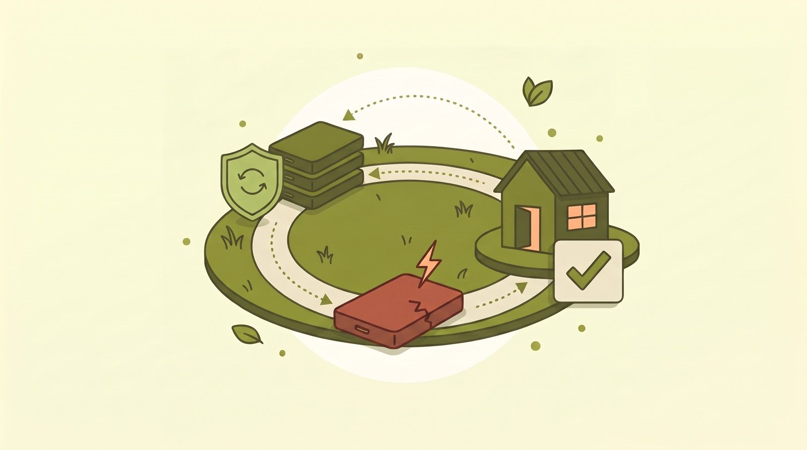 Illustration: A circular path on a small island – from shield and backups to a red hard drive with a lightning bolt, on to the workshop with a checkmark and back to prevention